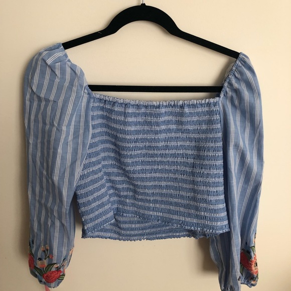 blue and white striped crop top with floral detail - Picture 2 of 2